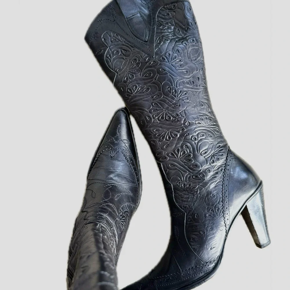 Genuine Leather Embroidered Black Tall Boots – Statement Heels - Picture 4 of 17